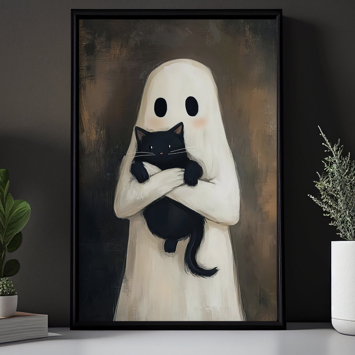 Vintage Halloween Canvas Painting, Ghost Hug Cat Spooky Season Wall Art Decor, Halloween Poster Gift For Ghost Lovers