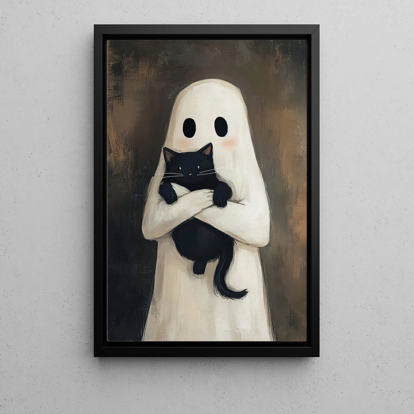 Vintage Halloween Canvas Painting, Ghost Hug Cat Spooky Season Wall Art Decor, Halloween Poster Gift For Ghost Lovers