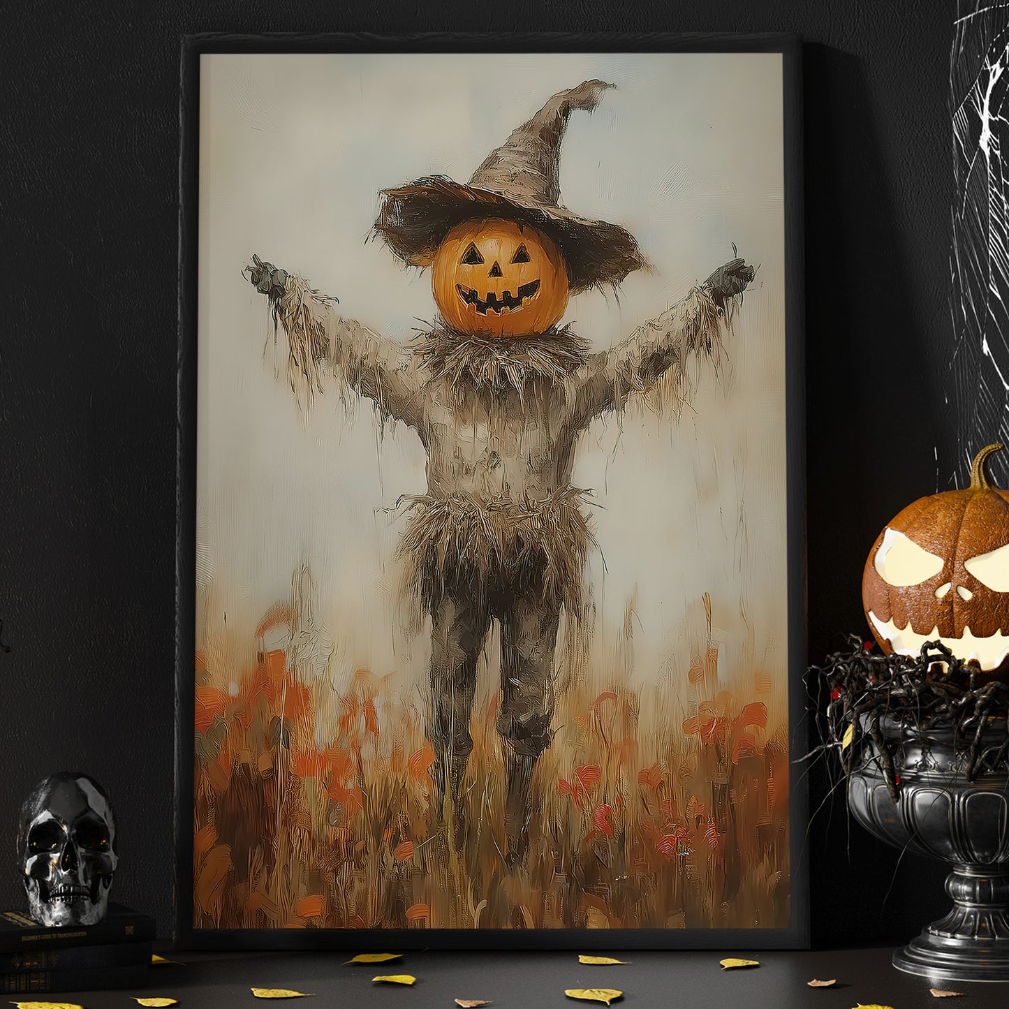 Interesting Scarecrow Halloween Canvas Painting, Scarecrow Pumpkin Head Spooky Season Wall Art Decor, Halloween Poster Gift