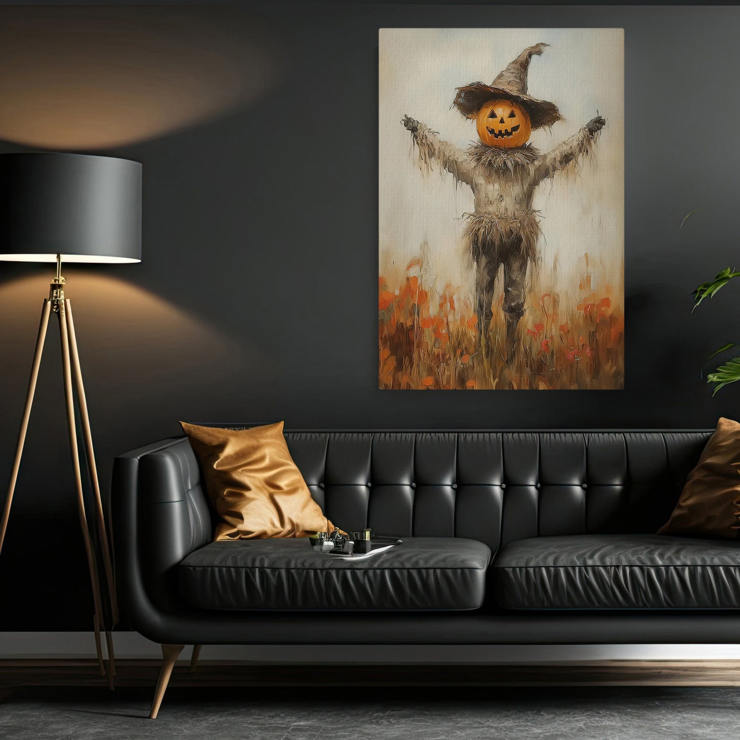 Interesting Scarecrow Halloween Canvas Painting, Scarecrow Pumpkin Head Spooky Season Wall Art Decor, Halloween Poster Gift