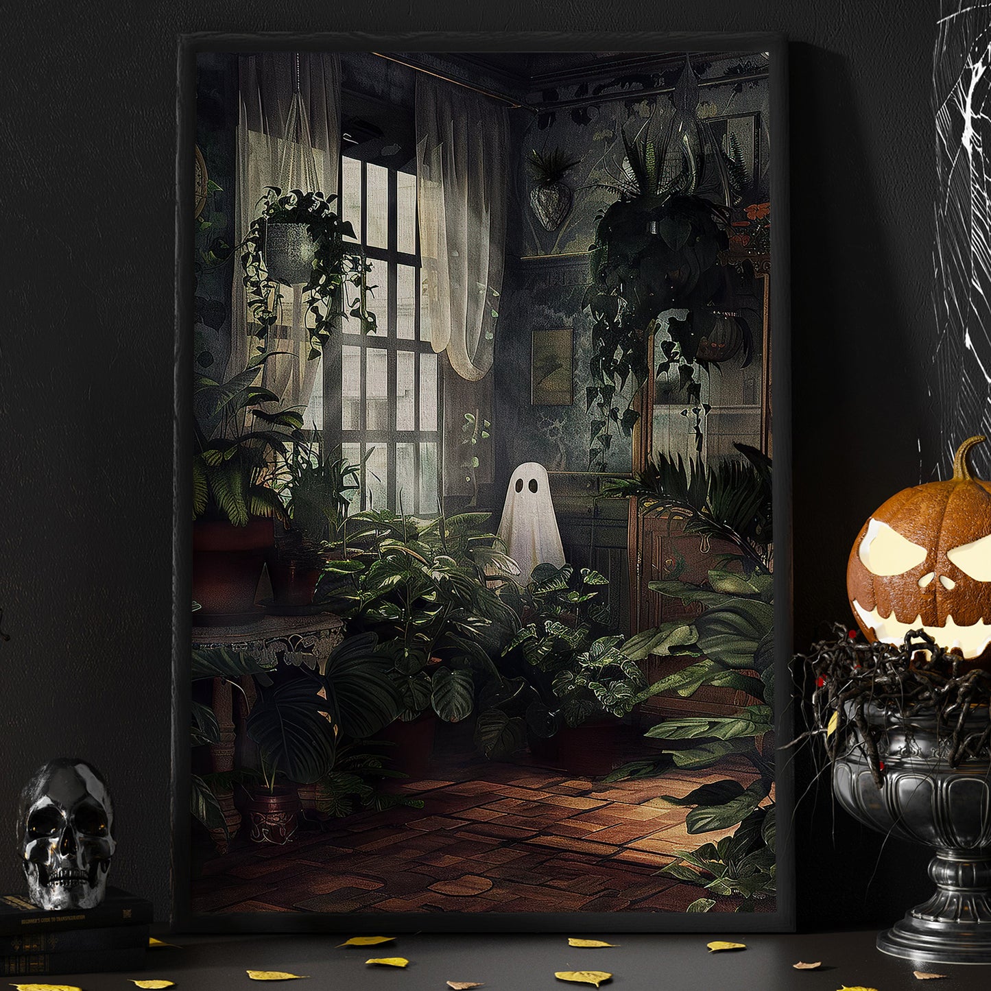 Ghost In Garden Halloween Canvas Painting, Spooky Season Wall Art Decor, Halloween Poster Gift For Ghost Lovers