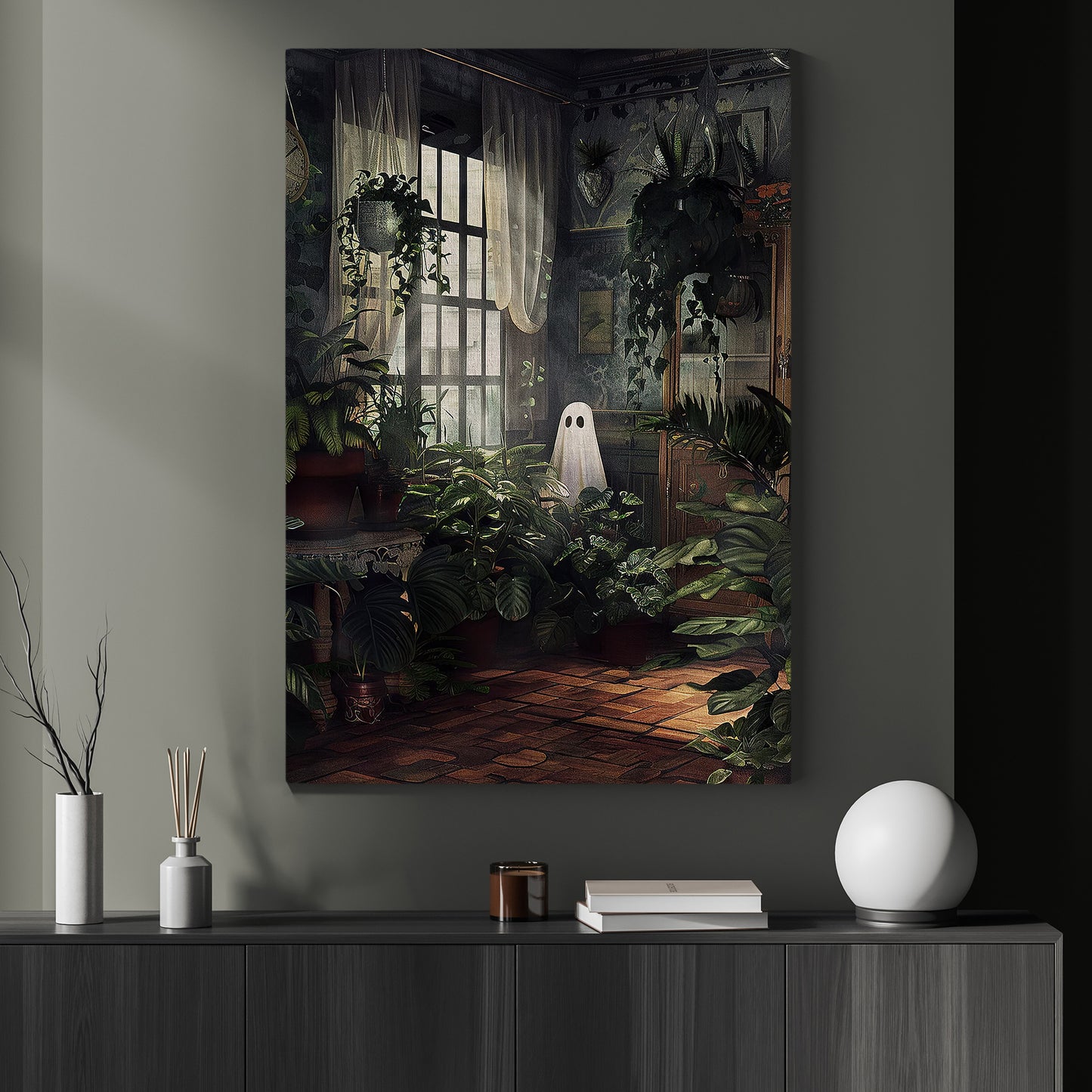 Ghost In Garden Halloween Canvas Painting, Spooky Season Wall Art Decor, Halloween Poster Gift For Ghost Lovers