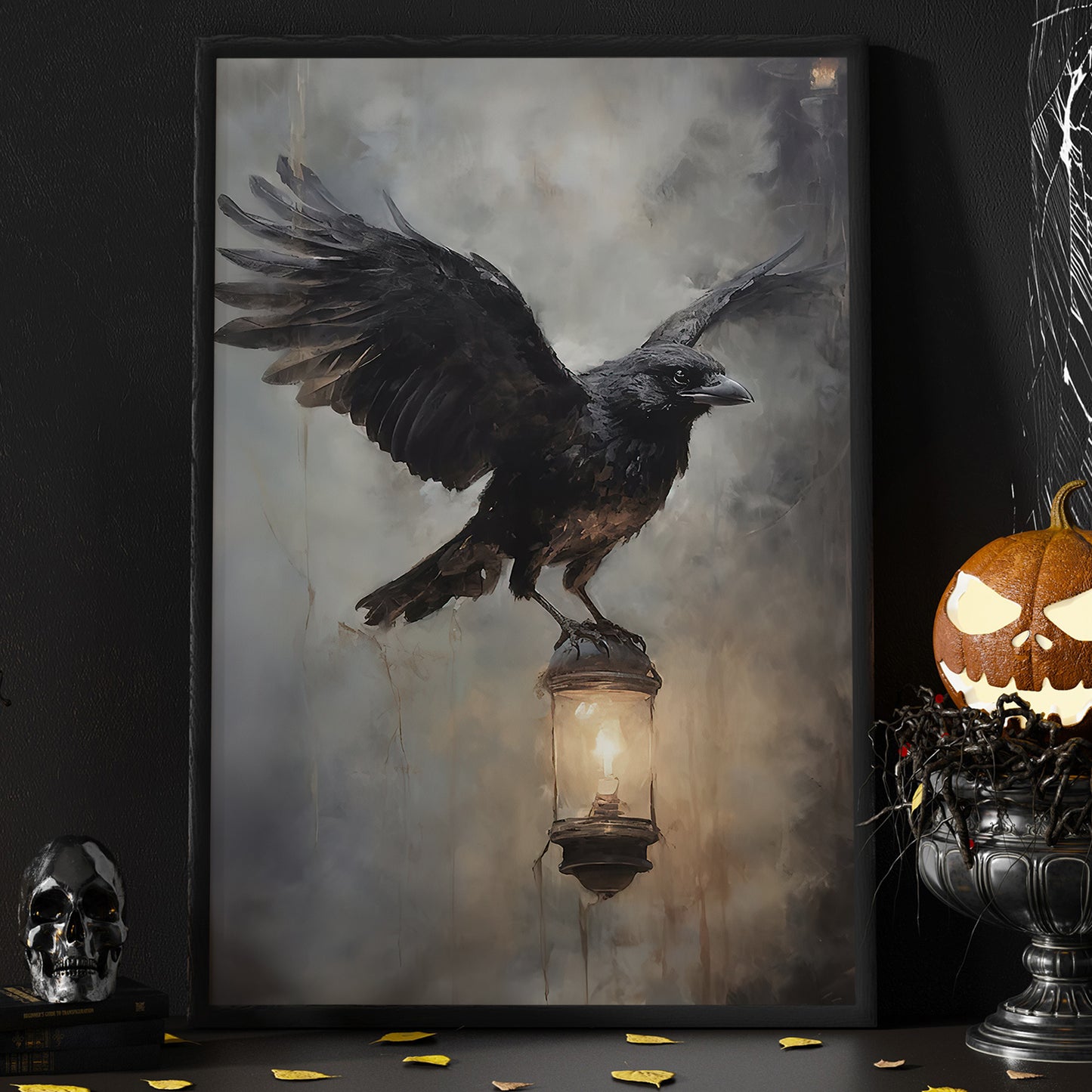 Halloween Canvas Painting, Black Raven Spooky Season Wall Art Decor, Halloween Poster Gift For Raven Lovers