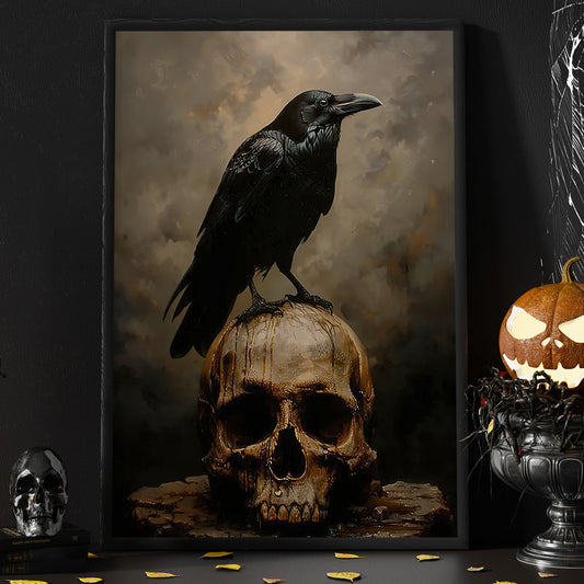 Vintage Halloween Canvas Painting, Raven And Skull Spooky Season Wall Art Decor, Halloween Poster Gift For Raven Lovers