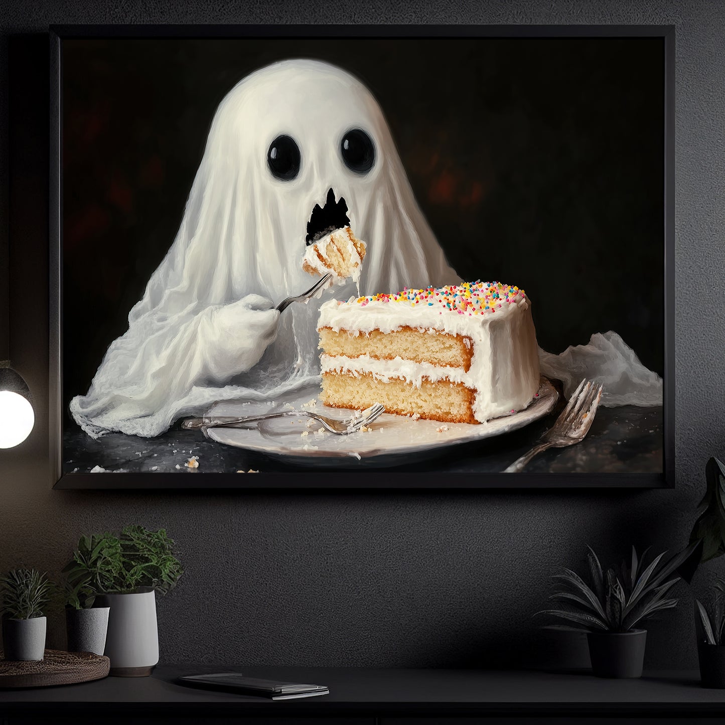 Funny Halloween Ghost Canvas Painting, Ghost Eats Cake Spooky Season Wall Art Decor, Halloween Poster Gift For Ghost Lovers