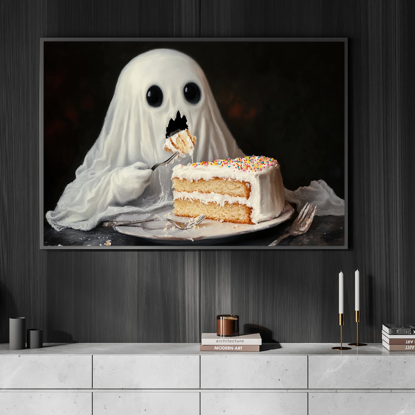 Funny Halloween Ghost Canvas Painting, Ghost Eats Cake Spooky Season Wall Art Decor, Halloween Poster Gift For Ghost Lovers