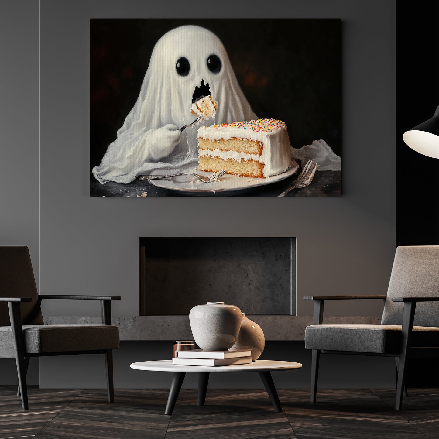 Funny Halloween Ghost Canvas Painting, Ghost Eats Cake Spooky Season Wall Art Decor, Halloween Poster Gift For Ghost Lovers