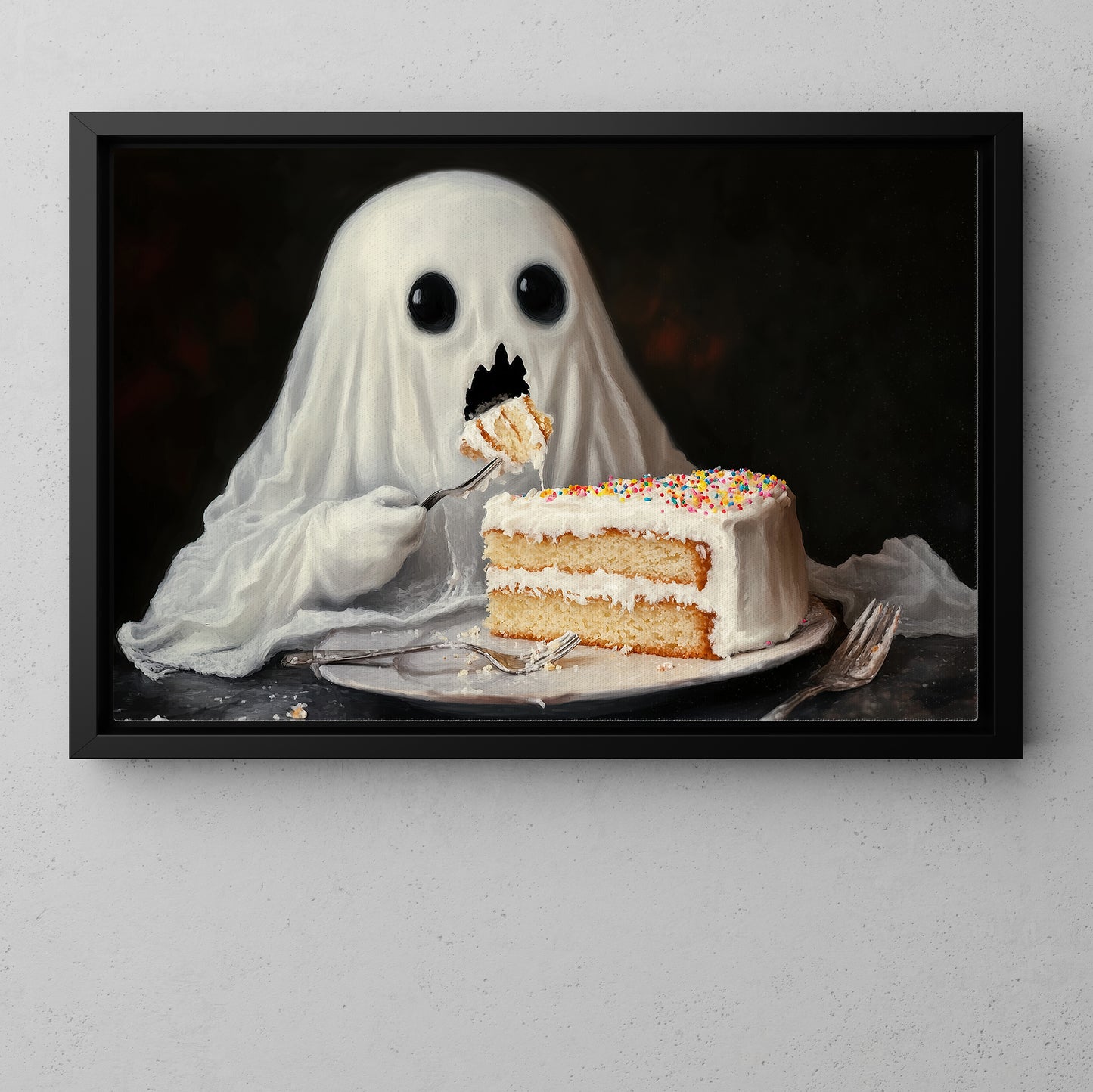 Funny Halloween Ghost Canvas Painting, Ghost Eats Cake Spooky Season Wall Art Decor, Halloween Poster Gift For Ghost Lovers