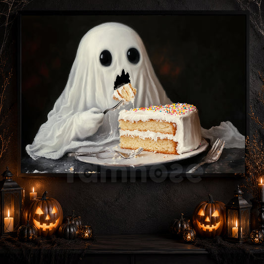 Funny Halloween Ghost Canvas Painting, Ghost Eats Cake Spooky Season Wall Art Decor, Halloween Poster Gift For Ghost Lovers