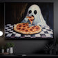 Funny Halloween Ghost Canvas Painting, Ghost Eats Pizza Spooky Season Wall Art Decor, Halloween Poster Gift For Ghost Lovers