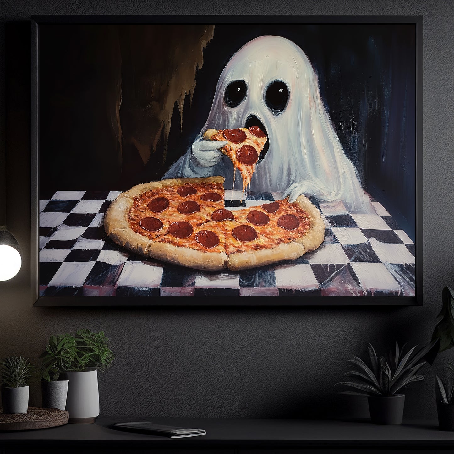 Funny Halloween Ghost Canvas Painting, Ghost Eats Pizza Spooky Season Wall Art Decor, Halloween Poster Gift For Ghost Lovers