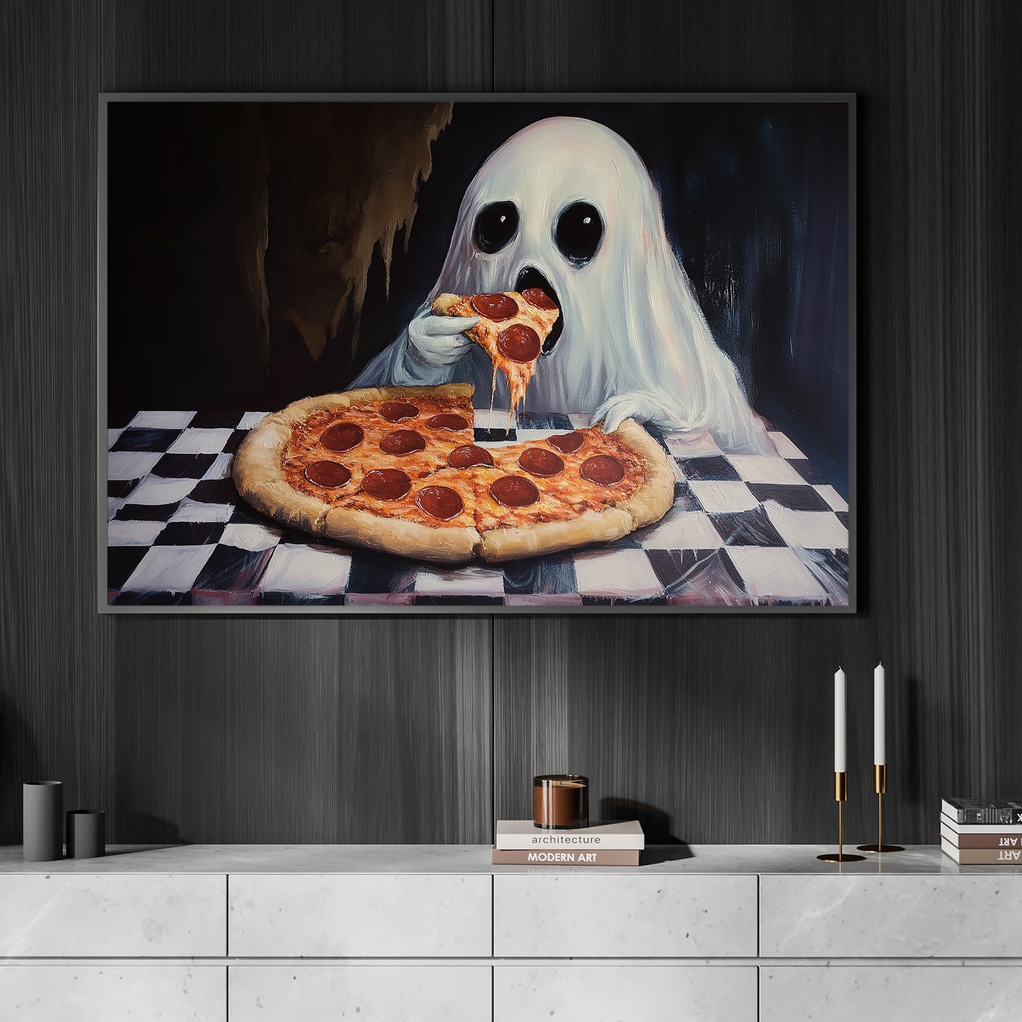 Funny Halloween Ghost Canvas Painting, Ghost Eats Pizza Spooky Season Wall Art Decor, Halloween Poster Gift For Ghost Lovers