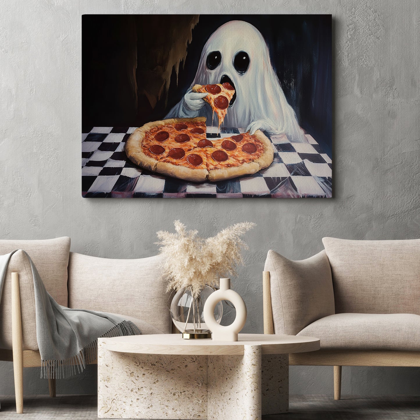 Funny Halloween Ghost Canvas Painting, Ghost Eats Pizza Spooky Season Wall Art Decor, Halloween Poster Gift For Ghost Lovers