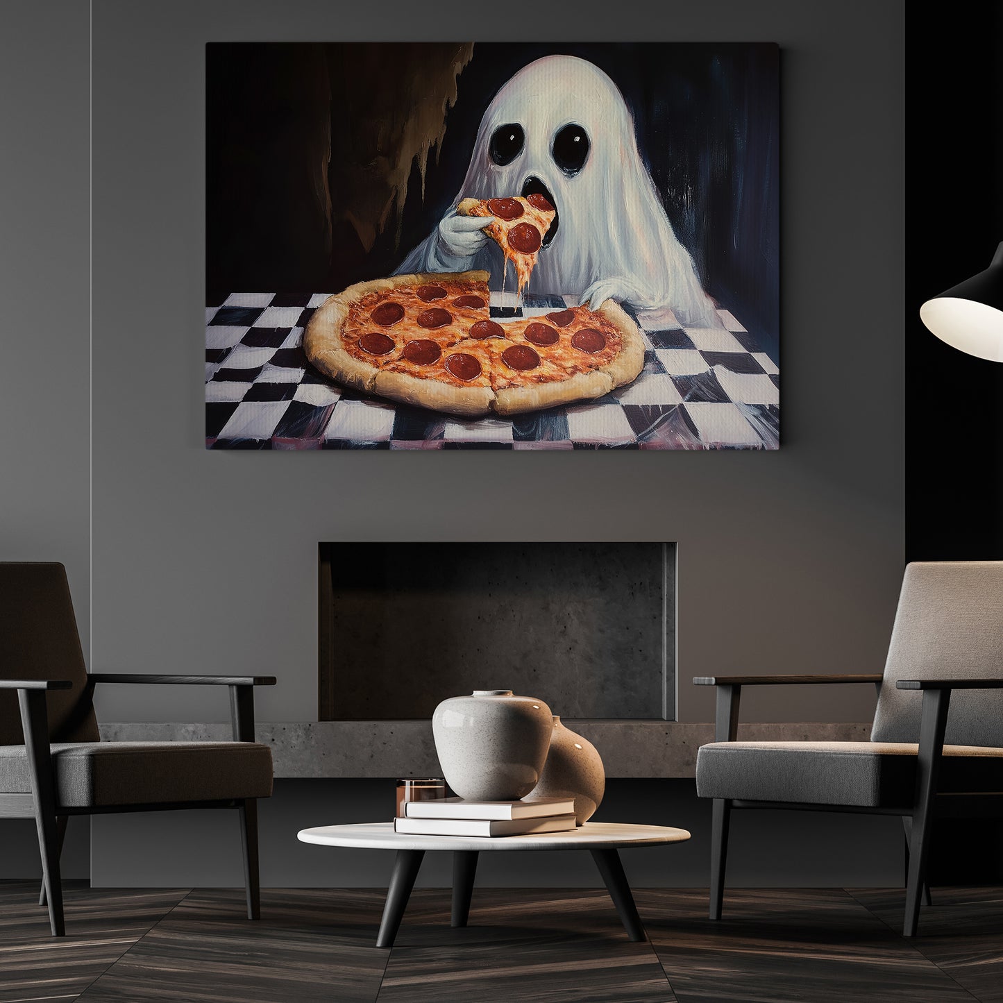 Funny Halloween Ghost Canvas Painting, Ghost Eats Pizza Spooky Season Wall Art Decor, Halloween Poster Gift For Ghost Lovers