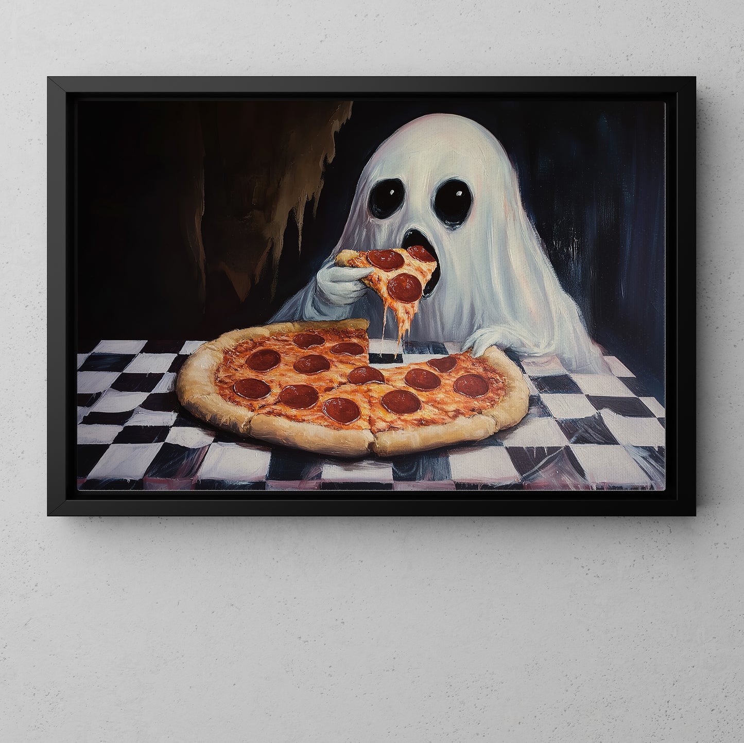 Funny Halloween Ghost Canvas Painting, Ghost Eats Pizza Spooky Season Wall Art Decor, Halloween Poster Gift For Ghost Lovers