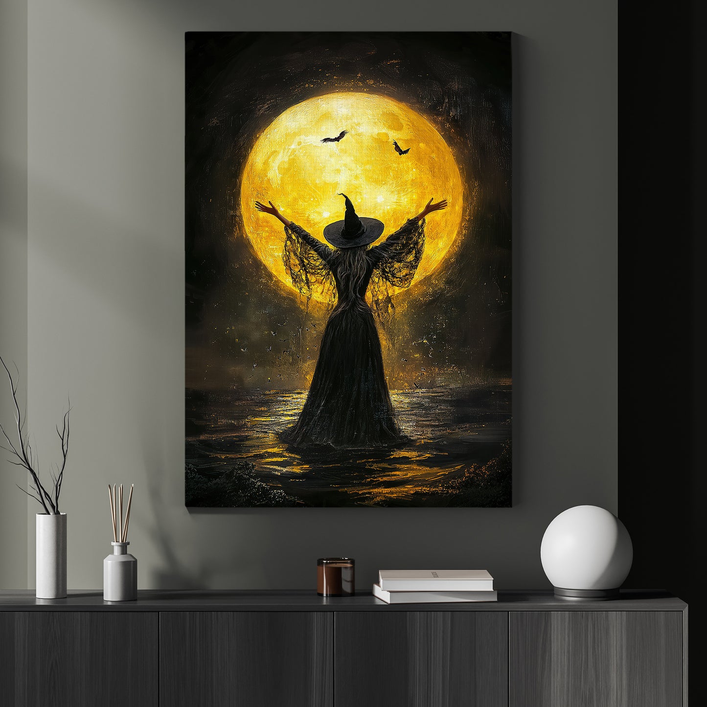 Halloween Canvas Painting, Moonlit Witch's Embrace Spooky Season Wall Art Decor, Halloween Poster Gift For Witch Lovers