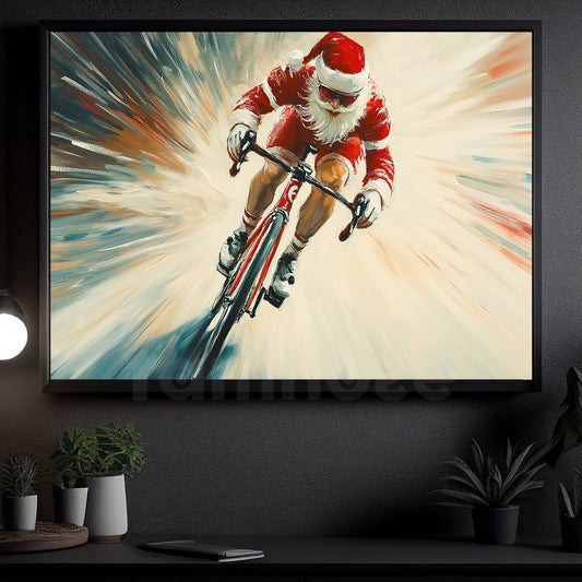 Funny Christmas Santa’s Sleigh On Wheels Canvas Painting, Sports Wall Art Decor, Xmas Poster Gift For Cycling Lovers