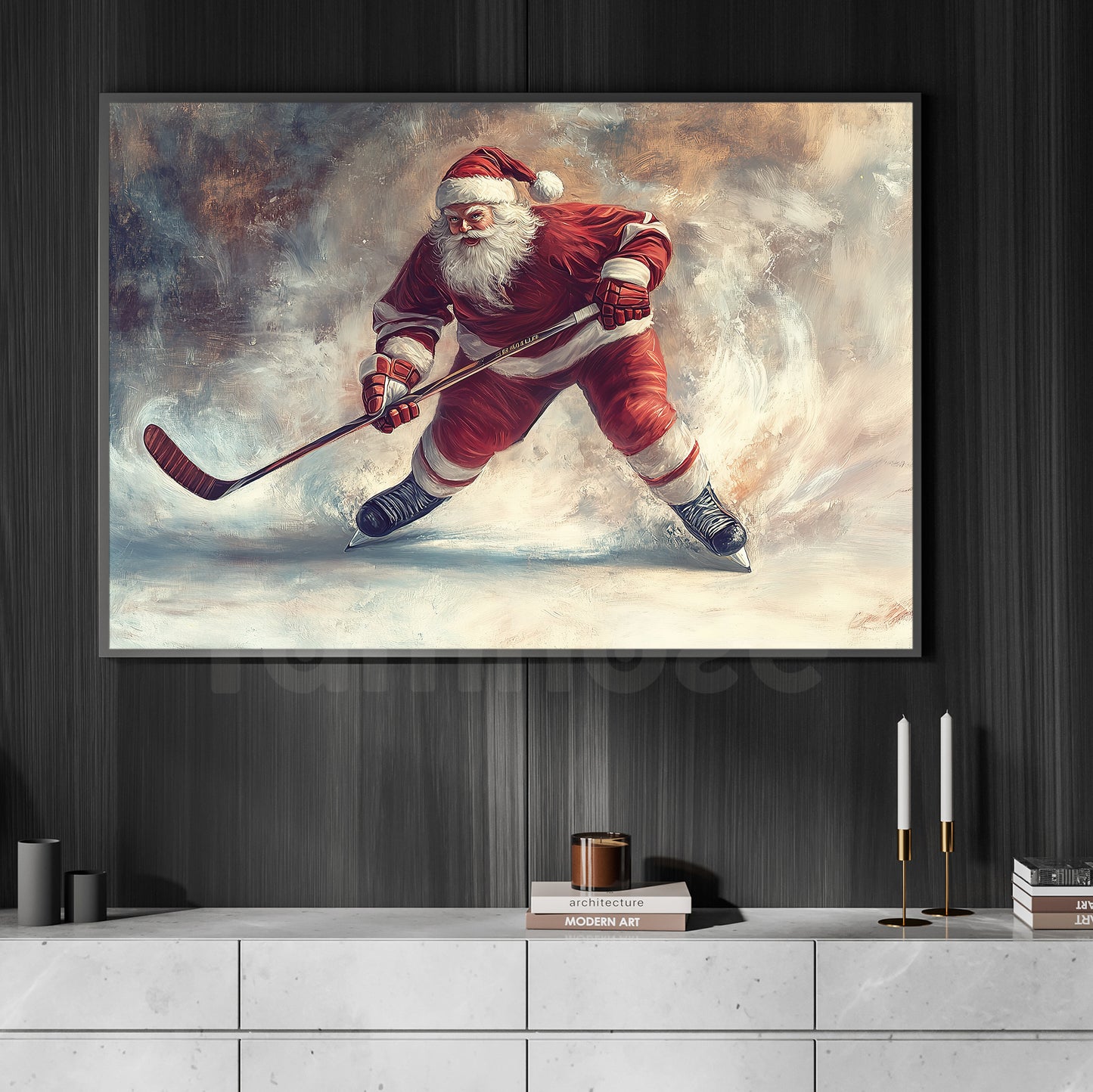 Funny Christmas Santa Claus Takes The Ice Hockey Canvas Painting, Sports Wall Art Decor, Xmas Poster Gift For Hockey Lovers