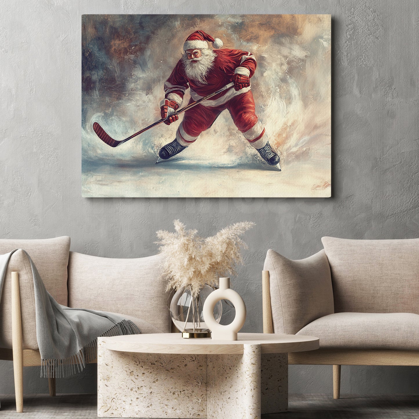 Funny Christmas Santa Claus Takes The Ice Hockey Canvas Painting, Sports Wall Art Decor, Xmas Poster Gift For Hockey Lovers