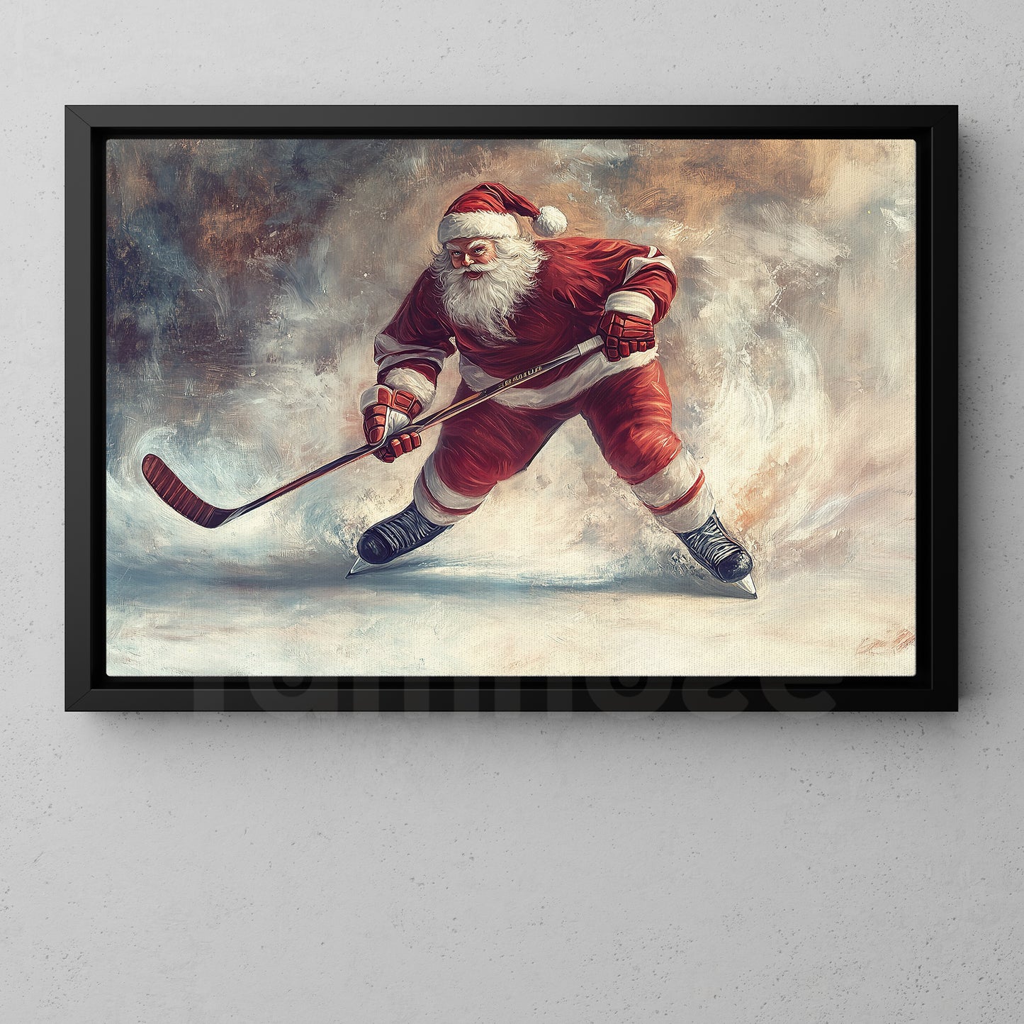 Funny Christmas Santa Claus Takes The Ice Hockey Canvas Painting, Sports Wall Art Decor, Xmas Poster Gift For Hockey Lovers