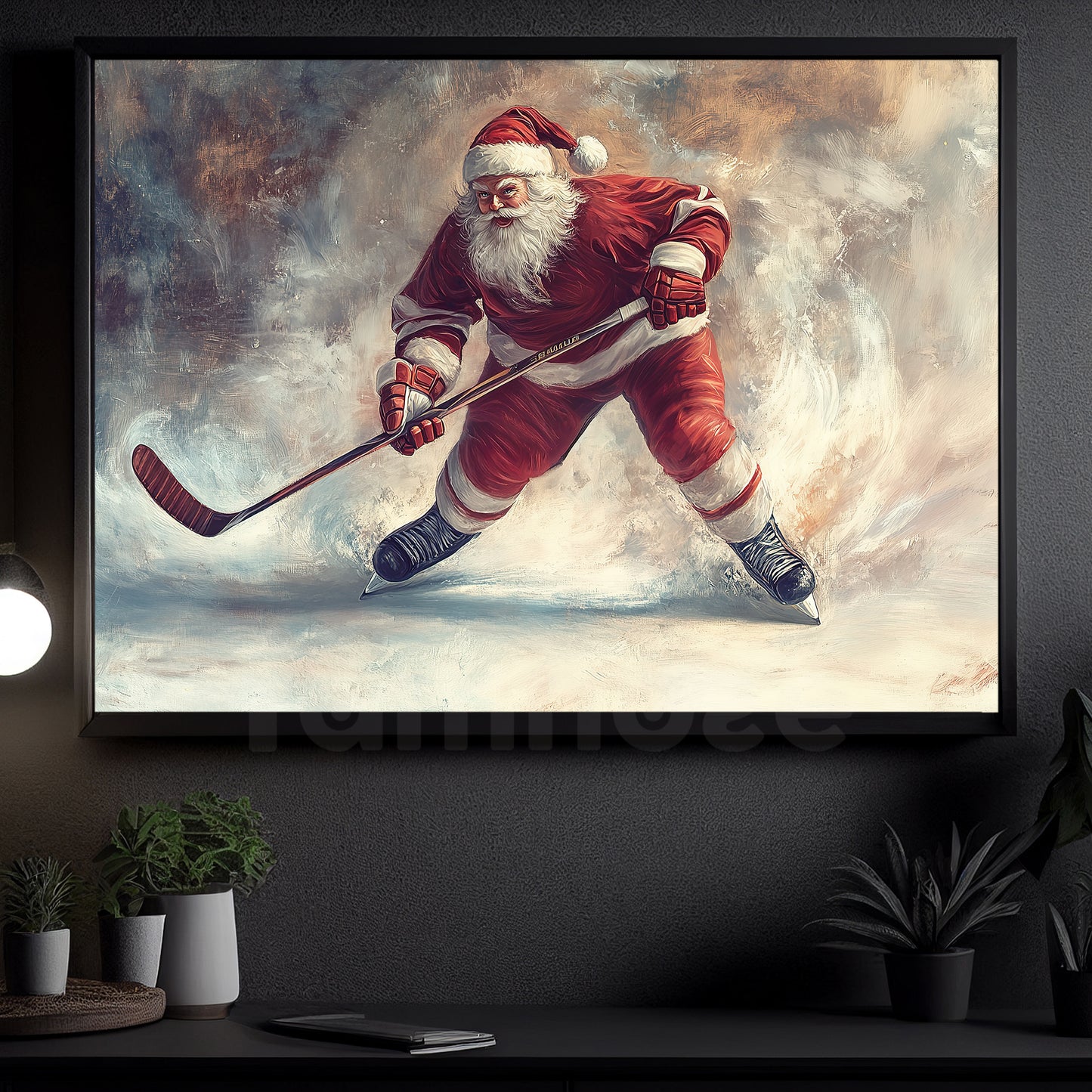 Funny Christmas Santa Claus Takes The Ice Hockey Canvas Painting, Sports Wall Art Decor, Xmas Poster Gift For Hockey Lovers