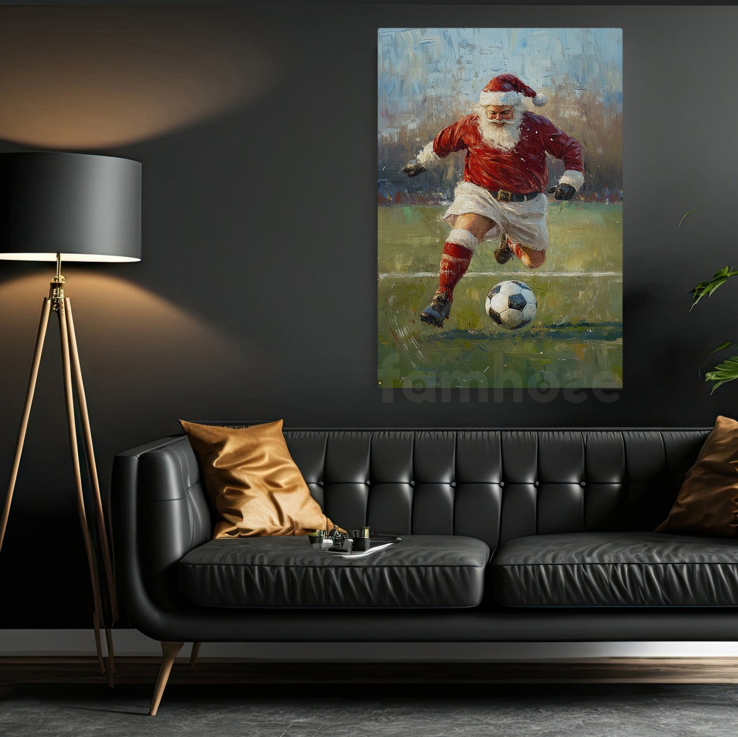 Funny Christmas Santa Claus Playing Soccer Canvas Painting, Sports Wall Art Decor, Xmas Poster Gift For Soccer Lovers