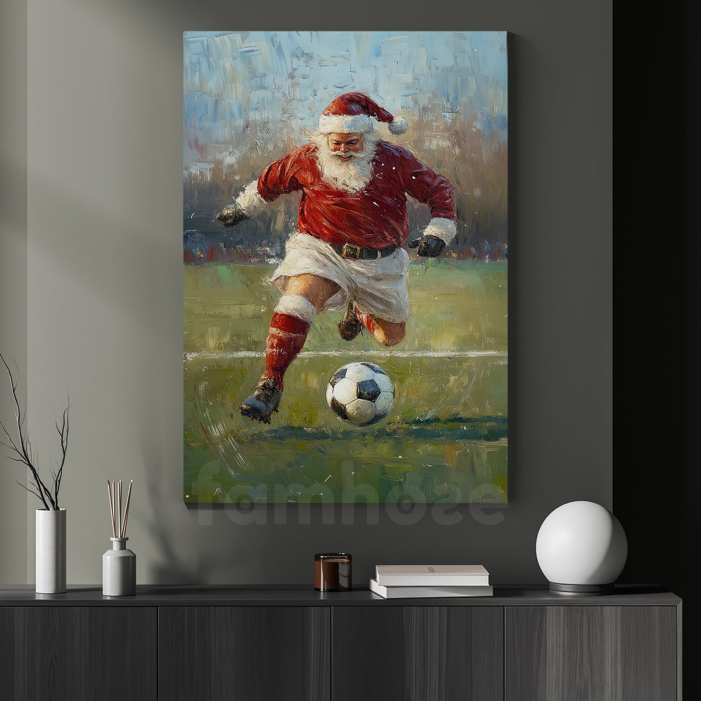 Funny Christmas Santa Claus Playing Soccer Canvas Painting, Sports Wall Art Decor, Xmas Poster Gift For Soccer Lovers