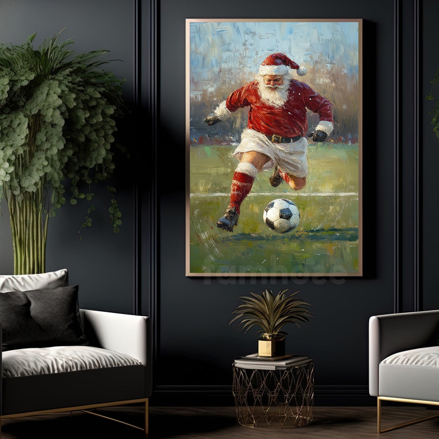 Funny Christmas Santa Claus Playing Soccer Canvas Painting, Sports Wall Art Decor, Xmas Poster Gift For Soccer Lovers