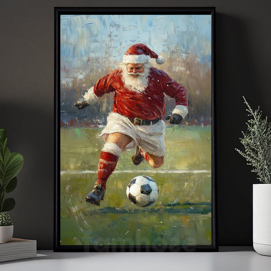 Funny Christmas Santa Claus Playing Soccer Canvas Painting, Sports Wall Art Decor, Xmas Poster Gift For Soccer Lovers