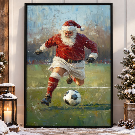 Funny Christmas Santa Claus Playing Soccer Canvas Painting, Sports Wall Art Decor, Xmas Poster Gift For Soccer Lovers