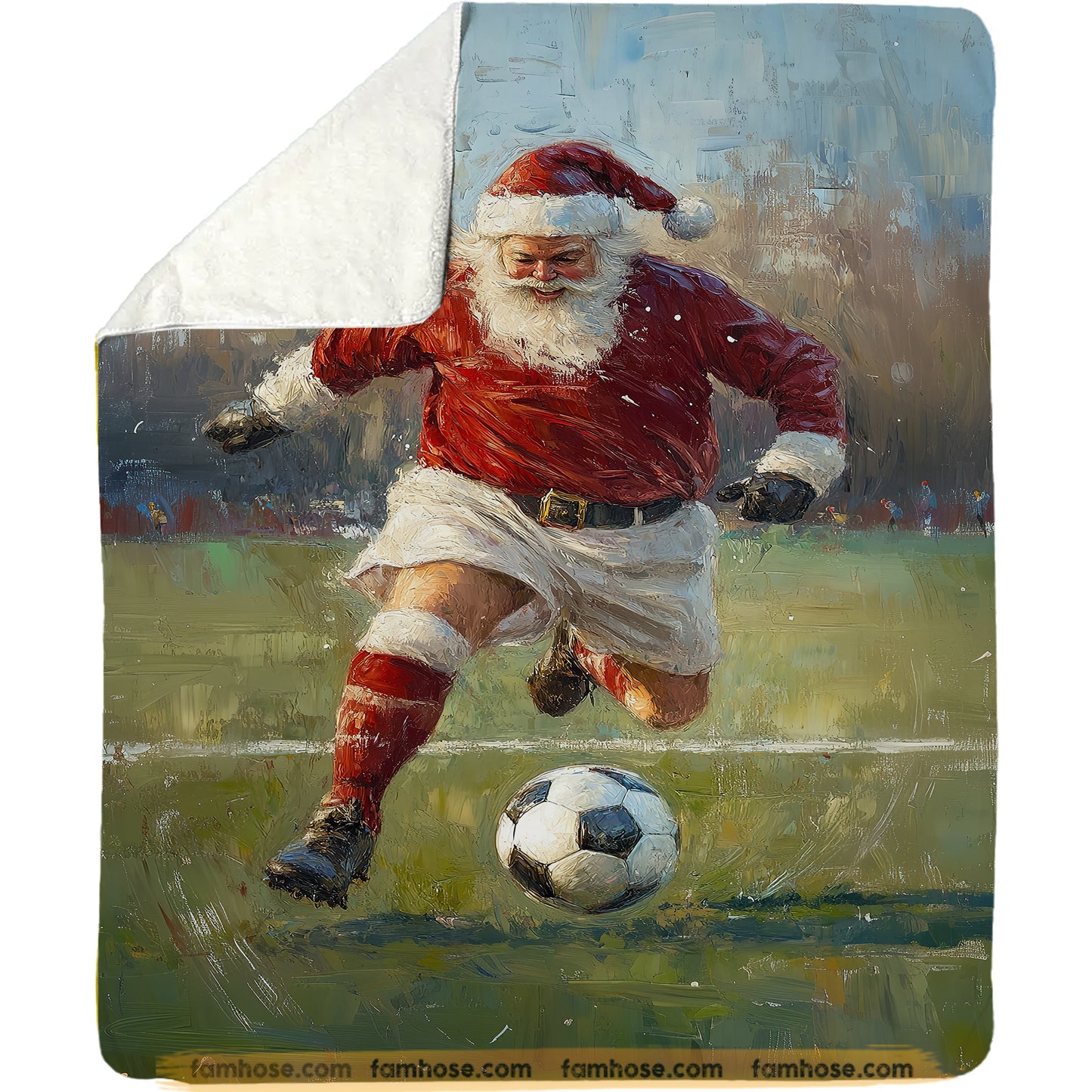 Funny Soccer Fleece Blanket, Santa Claus Plays Soccer Sport Woven Blanket, Cool Sherpa Blanket Gift For Soccer Lovers