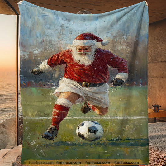 Funny Soccer Fleece Blanket, Santa Claus Plays Soccer Sport Woven Blanket, Cool Sherpa Blanket Gift For Soccer Lovers