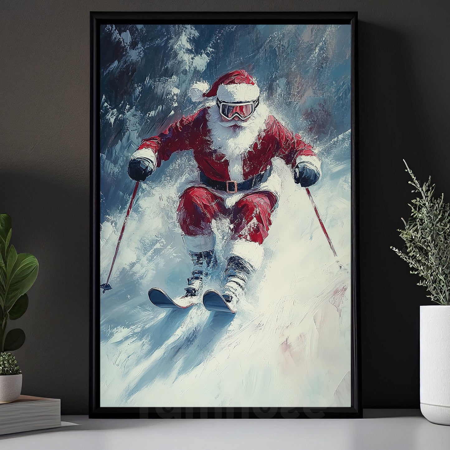 Funny Christmas Santa Claus Playing Skiing Canvas Painting, Sports Wall Art Decor, Xmas Poster Gift For Skiing Lovers