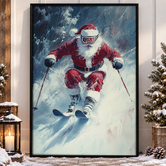 Funny Christmas Santa Claus Playing Skiing Canvas Painting, Sports Wall Art Decor, Xmas Poster Gift For Skiing Lovers