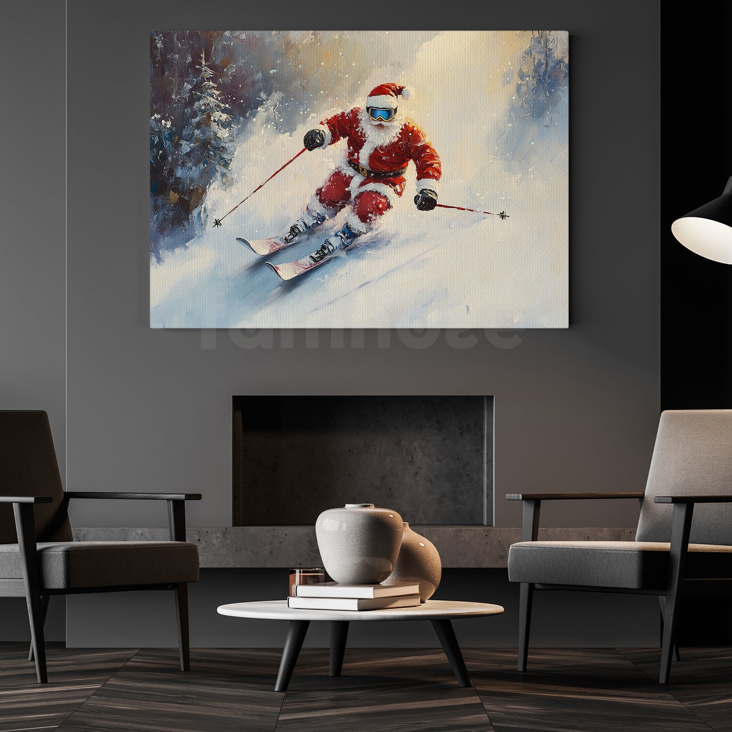 Funny Christmas Santa Claus In A Winter Wonderland Canvas Painting, Sports Wall Art Decor, Xmas Poster Gift For Skiing Lovers