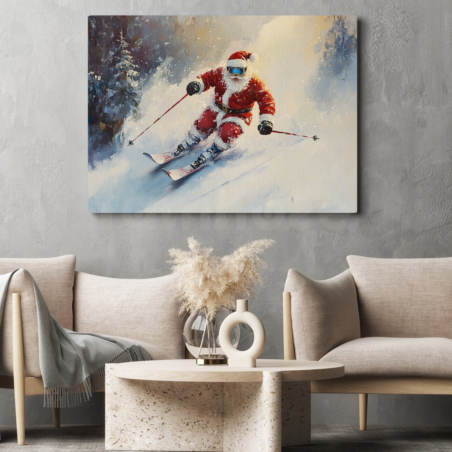 Funny Christmas Santa Claus In A Winter Wonderland Canvas Painting, Sports Wall Art Decor, Xmas Poster Gift For Skiing Lovers