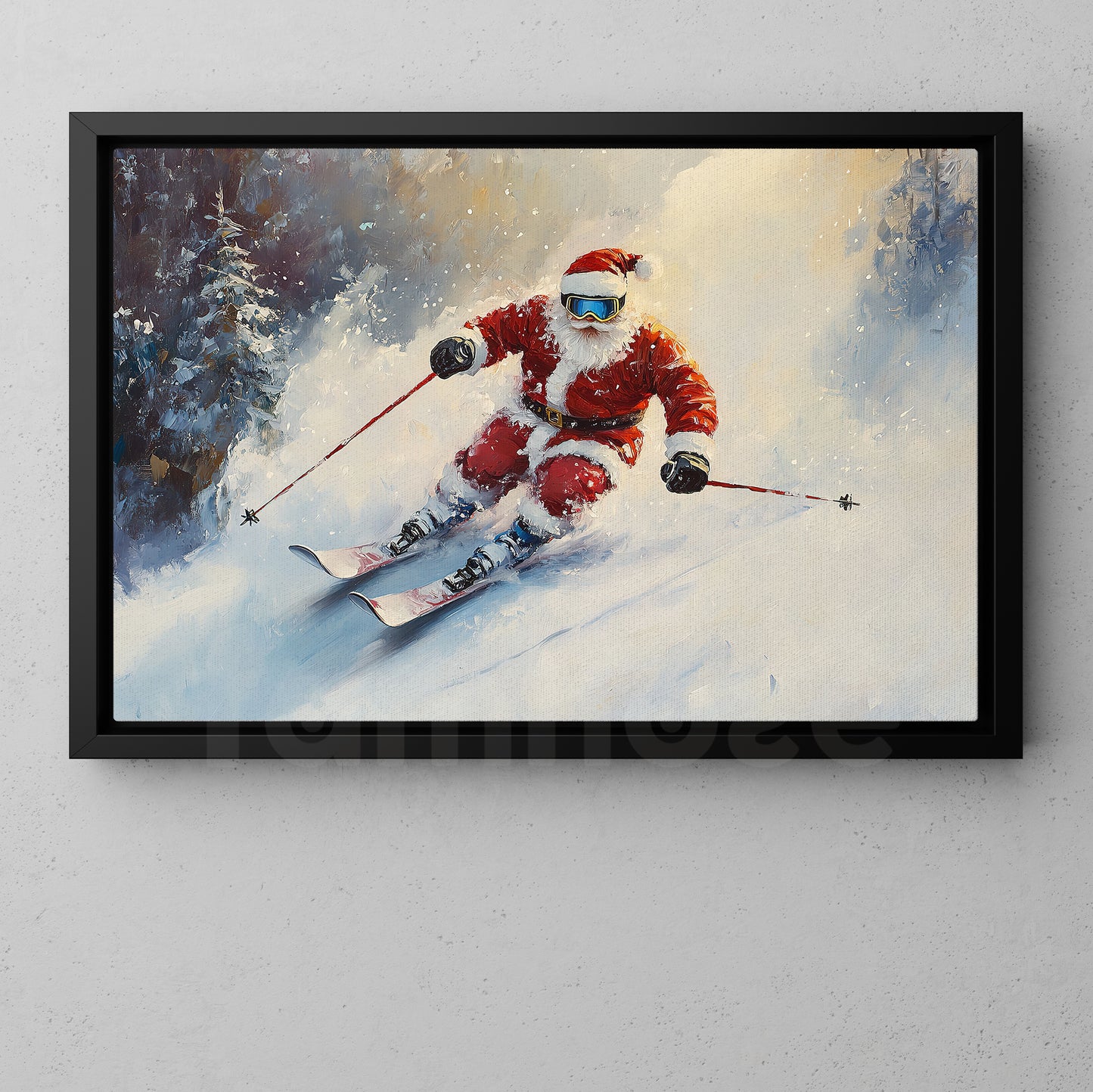 Funny Christmas Santa Claus In A Winter Wonderland Canvas Painting, Sports Wall Art Decor, Xmas Poster Gift For Skiing Lovers