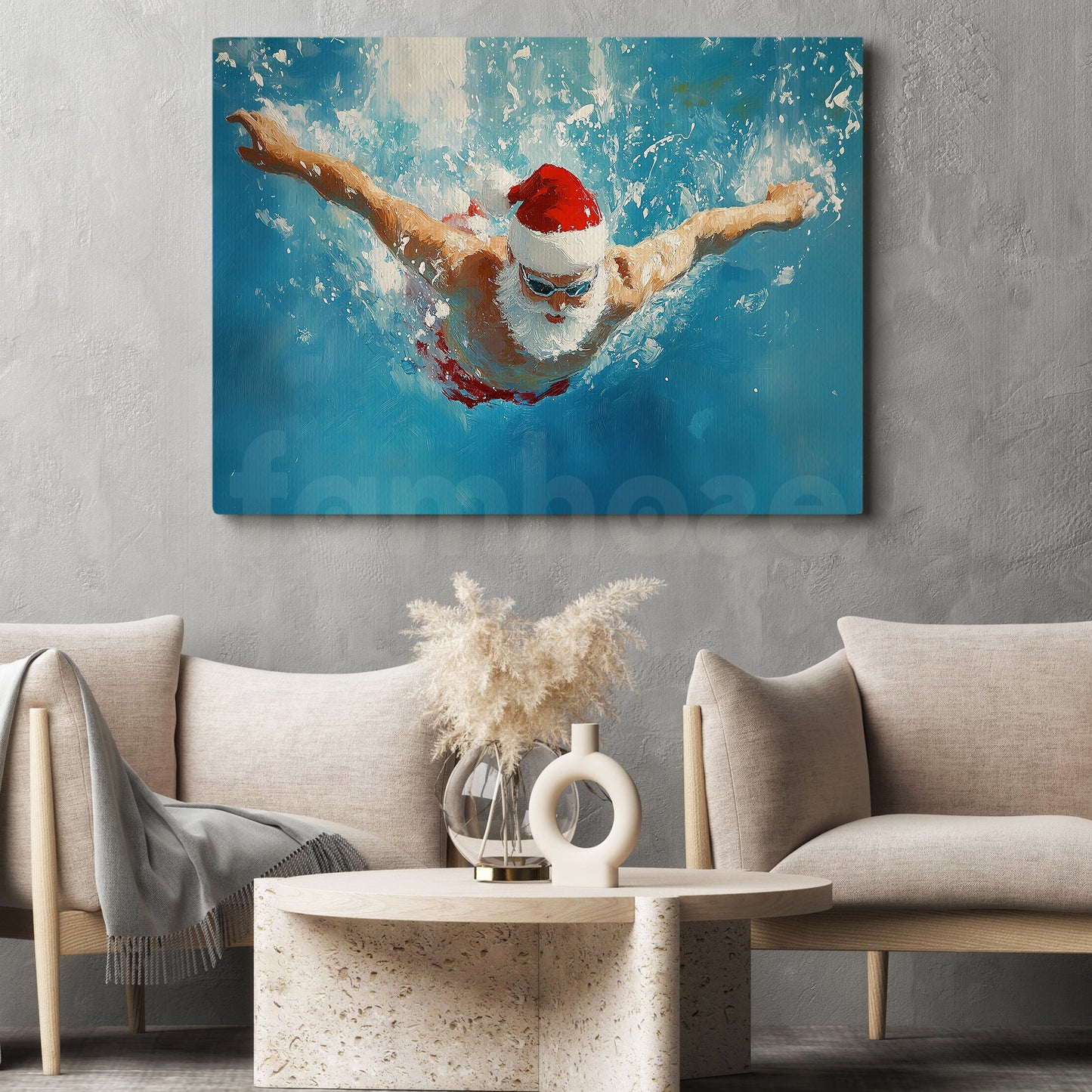 Funny Christmas Santa's Swimming Journey Canvas Painting, Sports Wall Art Decor, Xmas Poster Gift For Swimming Lovers