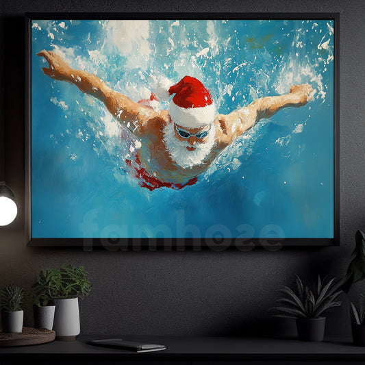 Funny Christmas Santa's Swimming Journey Canvas Painting, Sports Wall Art Decor, Xmas Poster Gift For Swimming Lovers