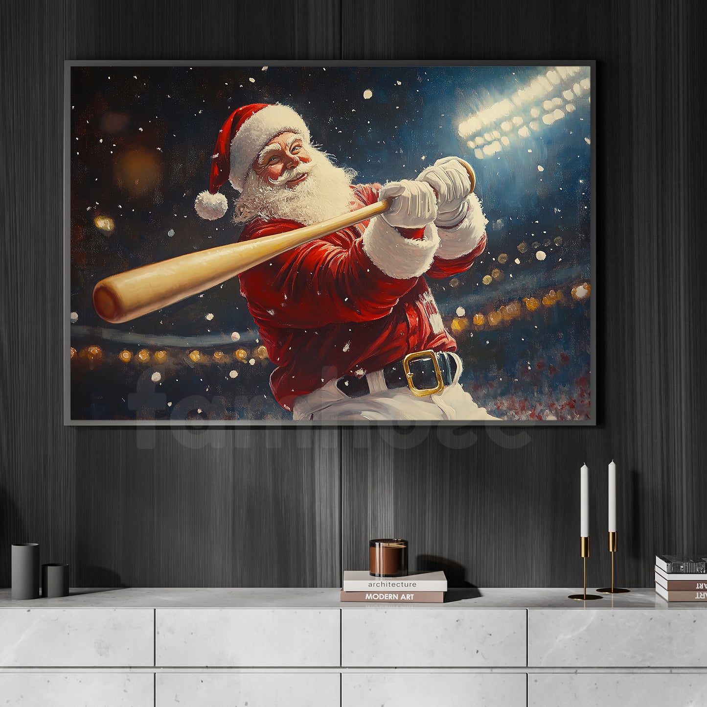 Funny Christmas Jolly Santa Takes The Field Canvas Painting, Sports Wall Art Decor, Xmas Poster Gift For Baseball Lovers