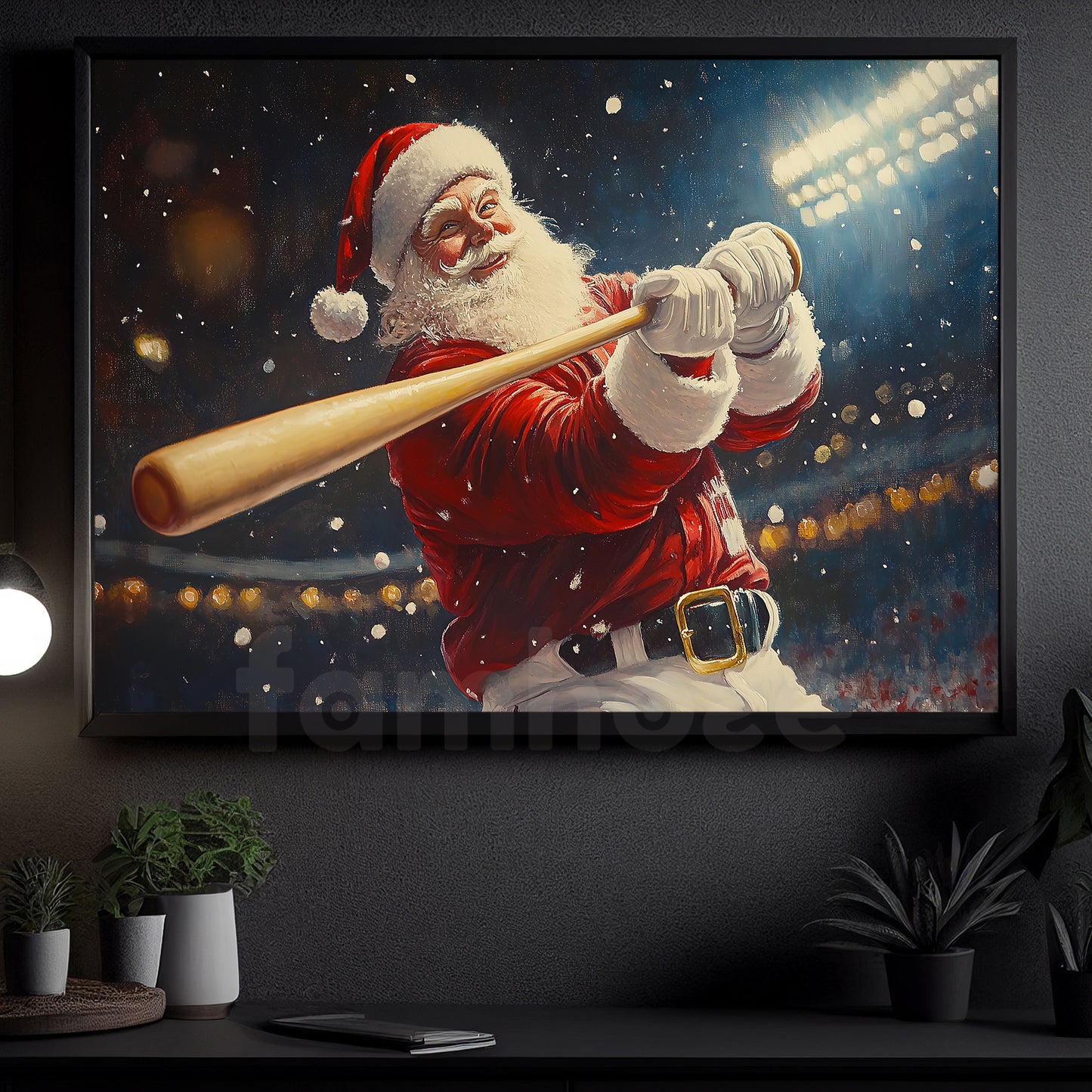 Funny Christmas Jolly Santa Takes The Field Canvas Painting, Sports Wall Art Decor, Xmas Poster Gift For Baseball Lovers