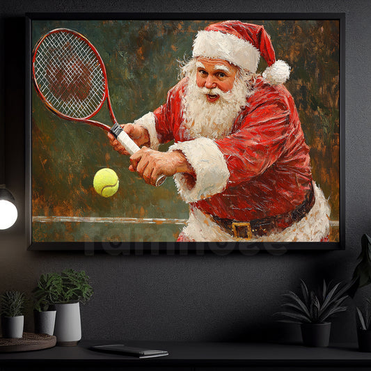 Funny Christmas Santa's Tennis Adventure Canvas Painting, Sports Wall Art Decor, Xmas Poster Gift For Tennis Lovers