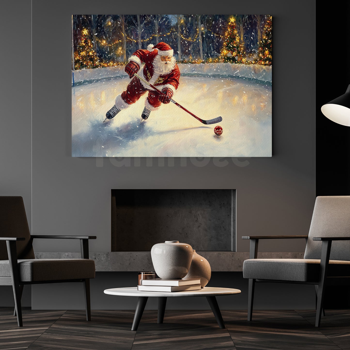 Funny Christmas Santa's Icy Challenge Hockey Canvas Painting, Sports Wall Art Decor, Xmas Poster Gift For Hockey Lovers