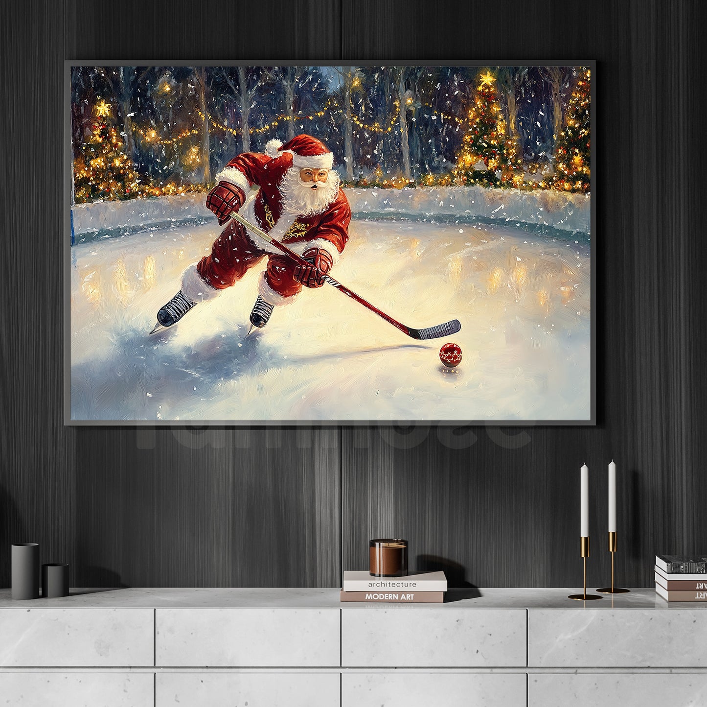 Funny Christmas Santa's Icy Challenge Hockey Canvas Painting, Sports Wall Art Decor, Xmas Poster Gift For Hockey Lovers