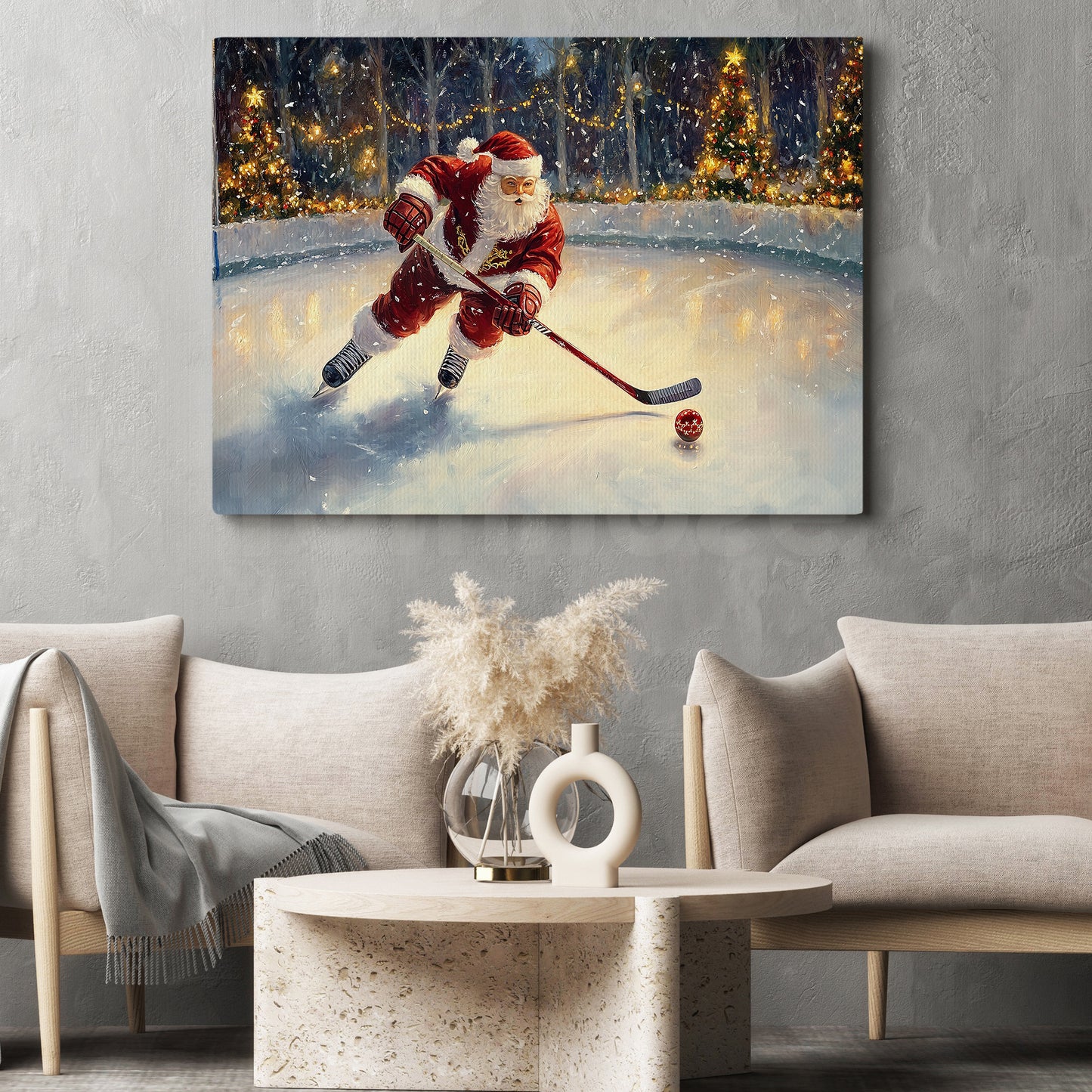 Funny Christmas Santa's Icy Challenge Hockey Canvas Painting, Sports Wall Art Decor, Xmas Poster Gift For Hockey Lovers