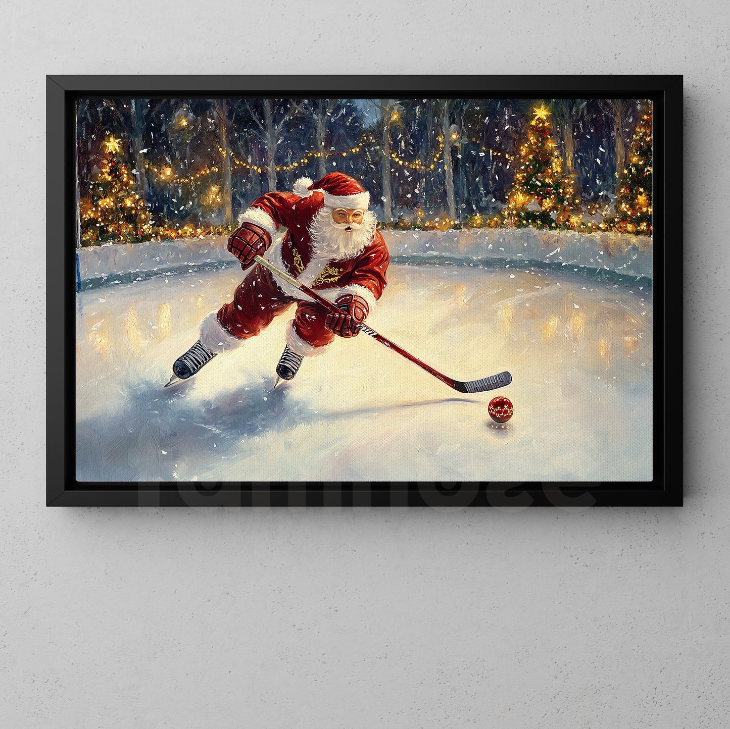 Funny Christmas Santa's Icy Challenge Hockey Canvas Painting, Sports Wall Art Decor, Xmas Poster Gift For Hockey Lovers