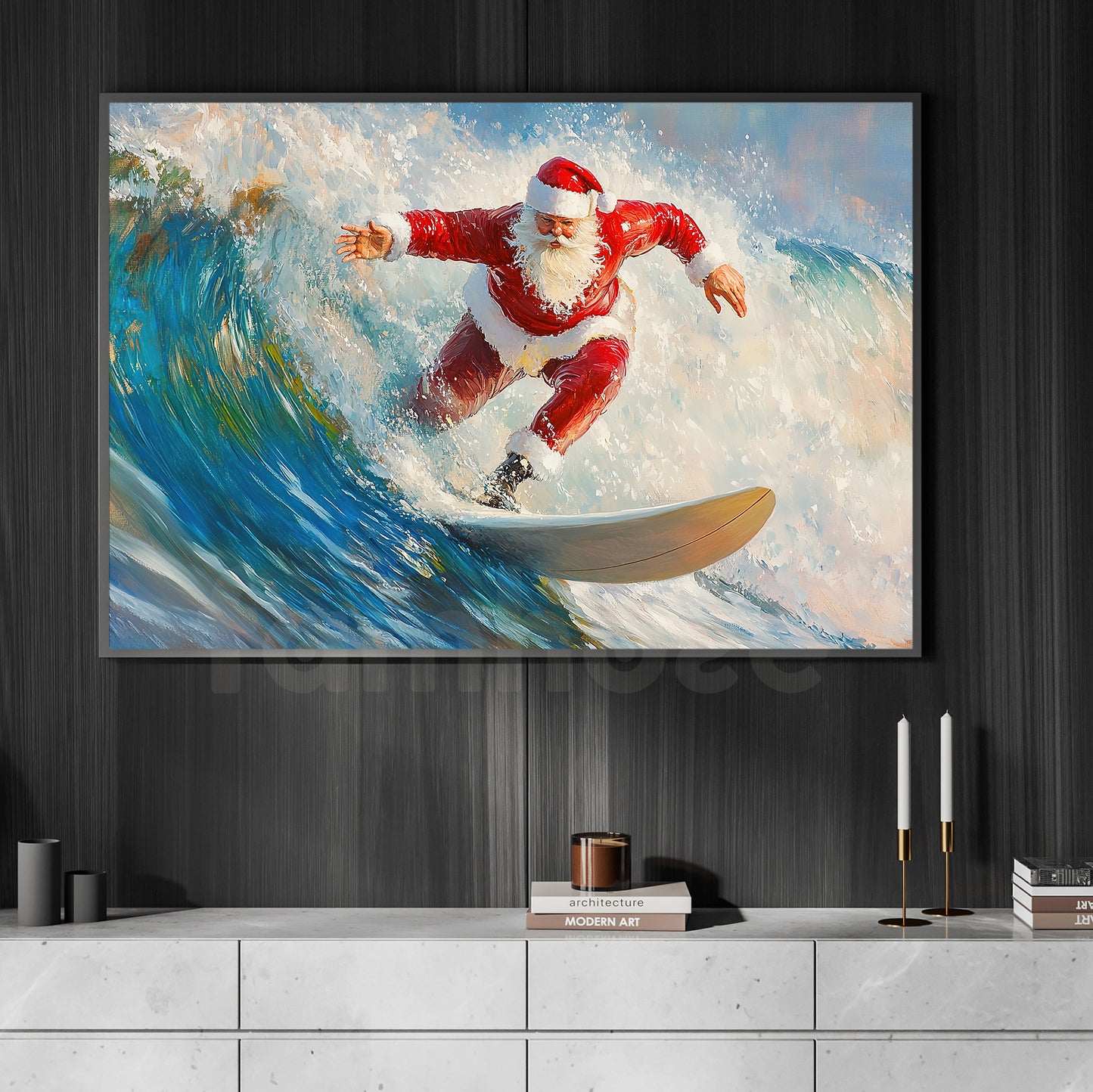 Funny Christmas Santa's Christmas Surfing Canvas Painting, Sports Wall Art Decor, Xmas Poster Gift For Surfing Lovers