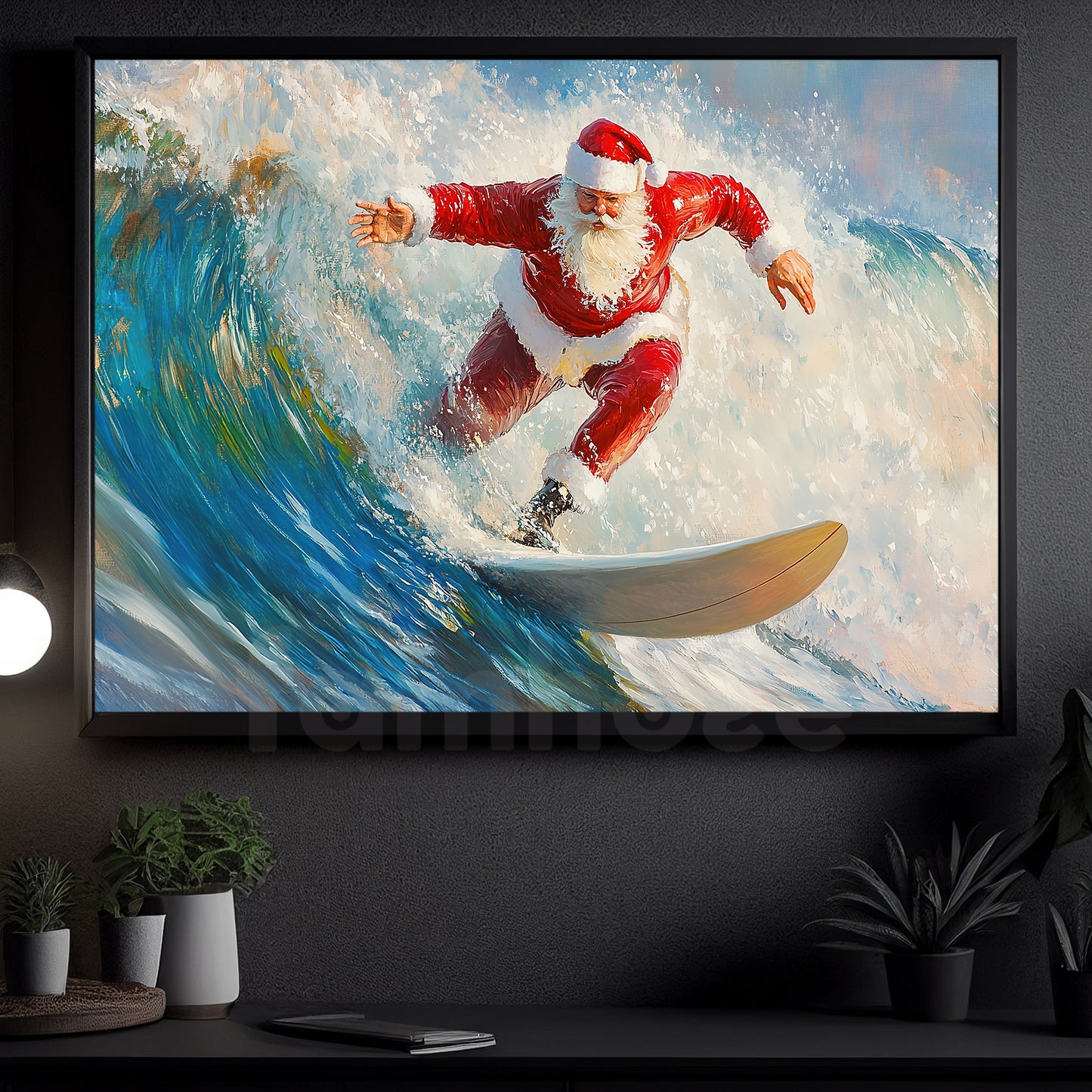 Funny Christmas Santa's Christmas Surfing Canvas Painting, Sports Wall Art Decor, Xmas Poster Gift For Surfing Lovers