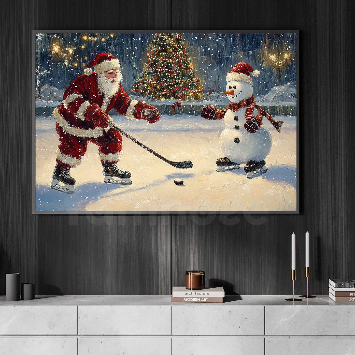 Funny Christmas Hockey With A Snowman Canvas Painting, Sports Wall Art Decor, Xmas Poster Gift For Hockey Lovers