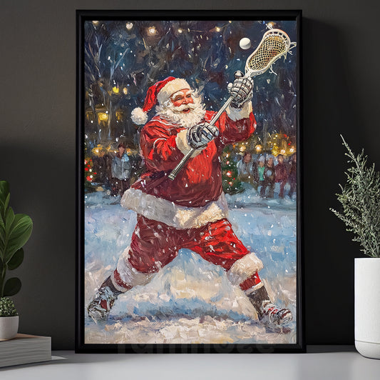 Funny Christmas Santa Claus Playing Lacrosse Canvas Painting, Sports Wall Art Decor, Xmas Poster Gift For Lacrosse Lovers